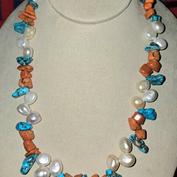 Natural Pearl Necklace with Turquoise and Coral - Picture 3 of 4